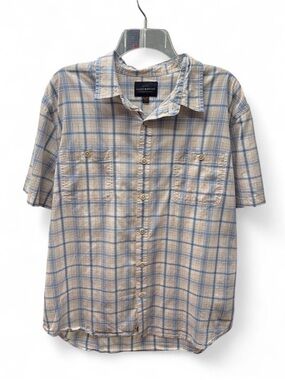 Lucky Brand‎ Light Blue, White and Tan Plaid Short-Sleeve Button-Up